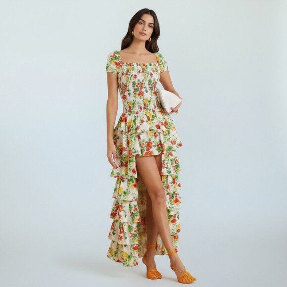 Caroline Constas Malta shirred tiered White floral-print Dress NWT - Size S - Picture 1 of 13